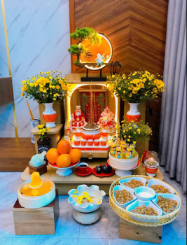 Bàn Thờ Thần Tài Mái Bằng Sứ Đỏ Đắp Nổi